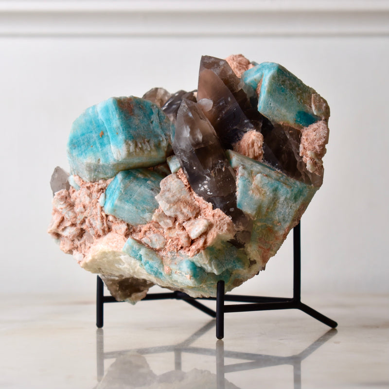 Large Amazonite and Smoky Quartz cluster