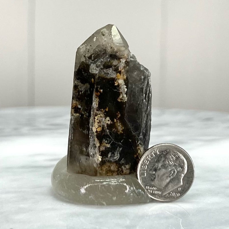Dark smoky with clear quartz cap and clay inclusions (MW-SGL-10)
